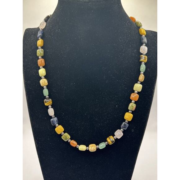 Stone Beaded Necklace Tigers Eye Multicolored Stones Mid Century Modern Boho 20” - Picture 2 of 5